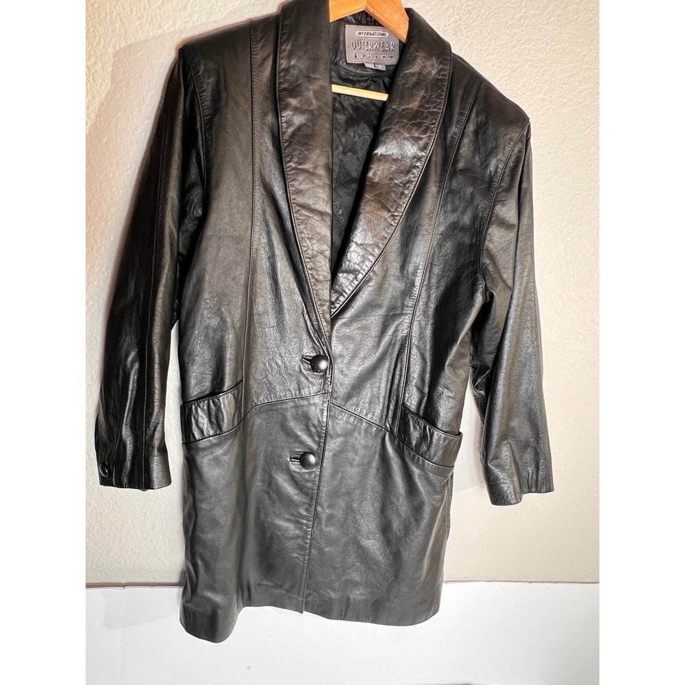 Vintage International Outerwear Leather Blazer‎ Jacket 2 Button Black Small